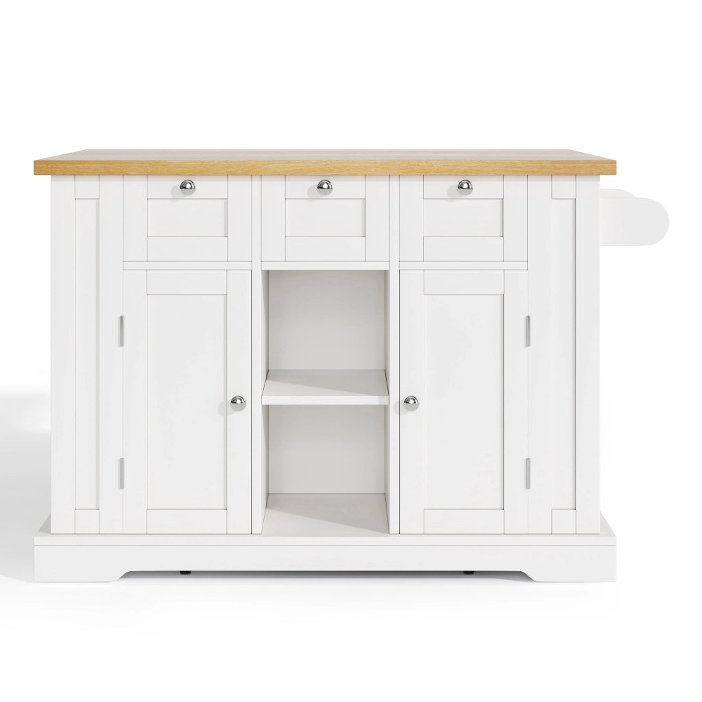 Isola da Cucina Mobile 132x40/70x87 cm Bianca e Legno con Piano Ribaltabile; Prese USB e Cassetti