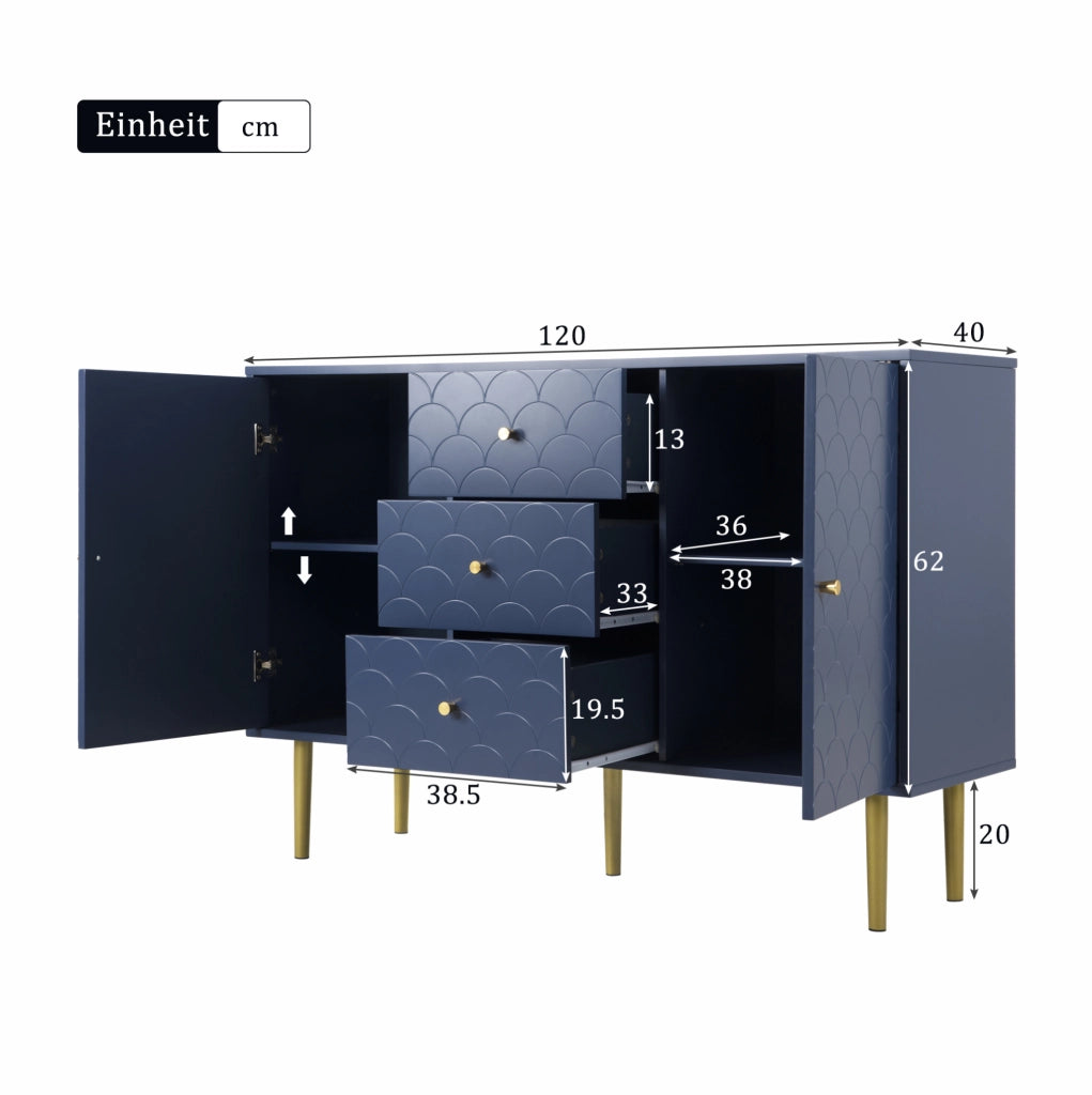 Credenza blu navy 120 cm con 2 ante e 3 cassetti