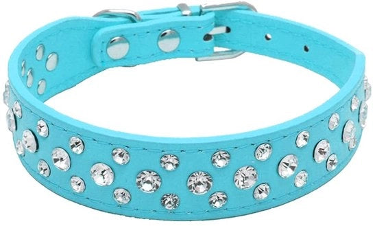Collier con Strass in Cristallo e Diamante - Materiale PU in Pelle - Adattabile - Blu chiaro - Idoneo per Puppi e Cani adulti