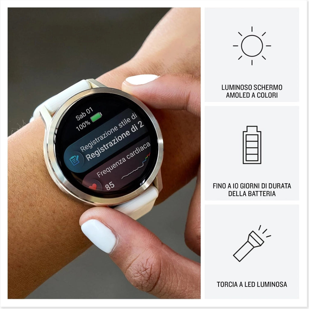 Garmin Venu 4, 41mm, Smartwatch per il fitness, Display AMOLED 1,2", Speaker e Microfono, Comandi Vocali, GPS Multi-band, Torcia, 80+ App per lo Sport, Autonomia 10 giorni, Beige & Lunar Gold