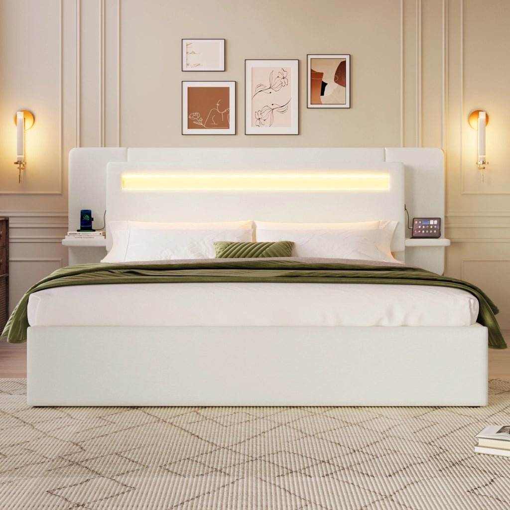 Letto imbottito 140x200 cm beige con contenitore idraulico; LED multicolore e comodino integrato