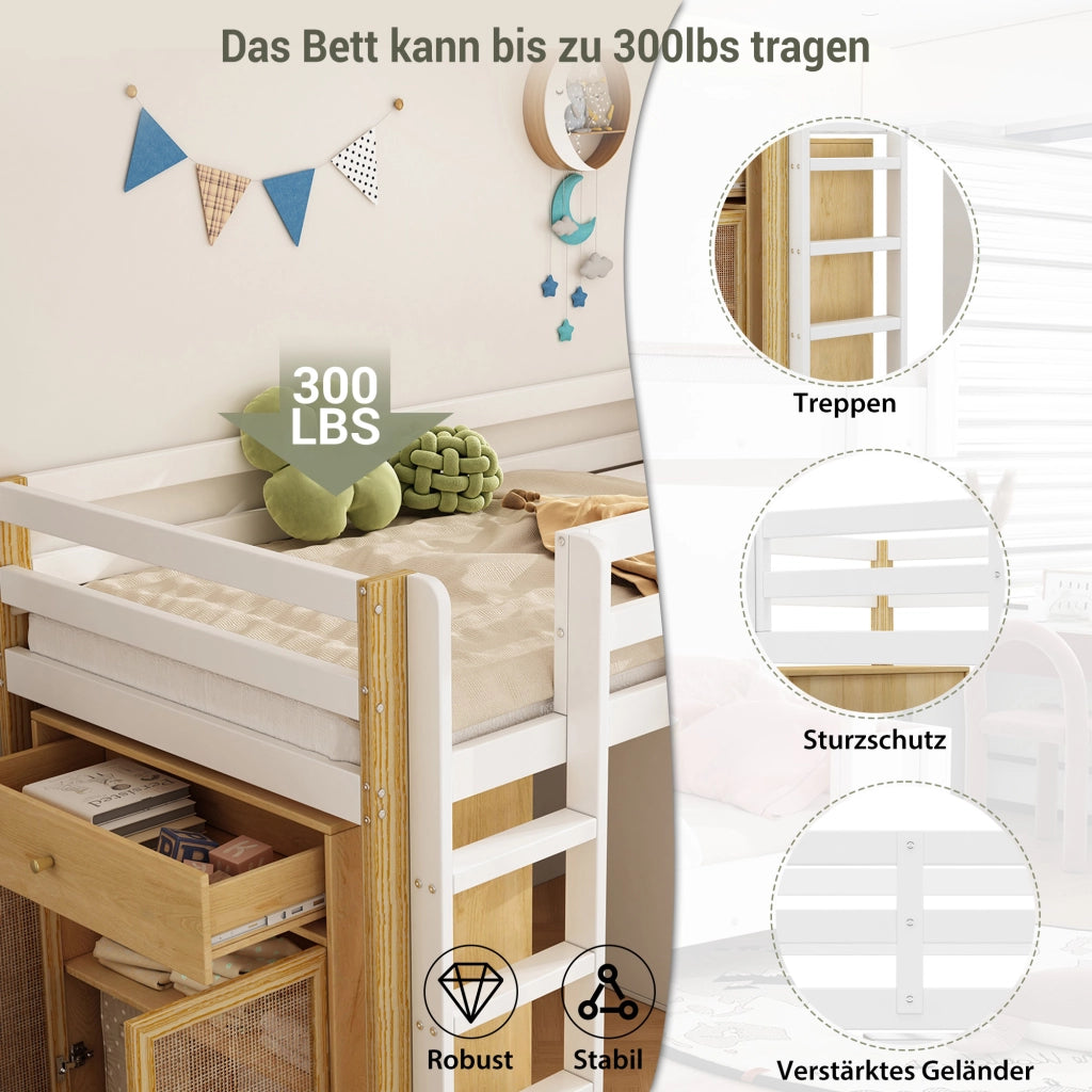 Letto a Soppalco Singolo 90x200 cm; con 2 Cassetti; Scala in Legno Massello Bianco Naturale