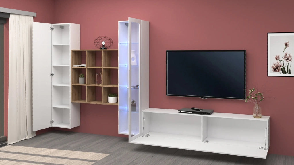 Parete attrezzata bianca mobile TV vetrina armadio libreria Ranil WH