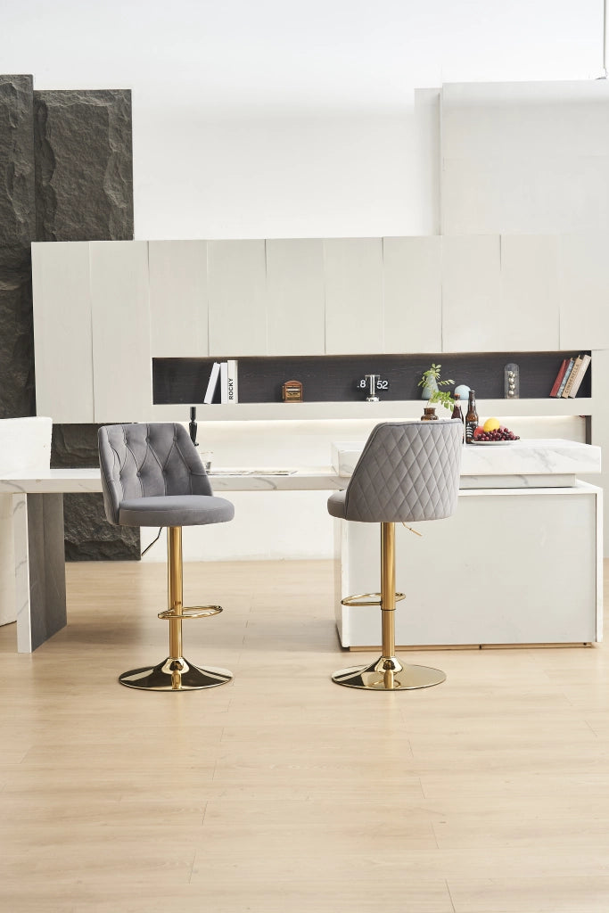 Sgabello da Bar Girevole ¨C MINIMAL ¨C Velluto Grigio, Schienale, Poggiapiedi, Altezza Regolabile, Set 2 Pezzi