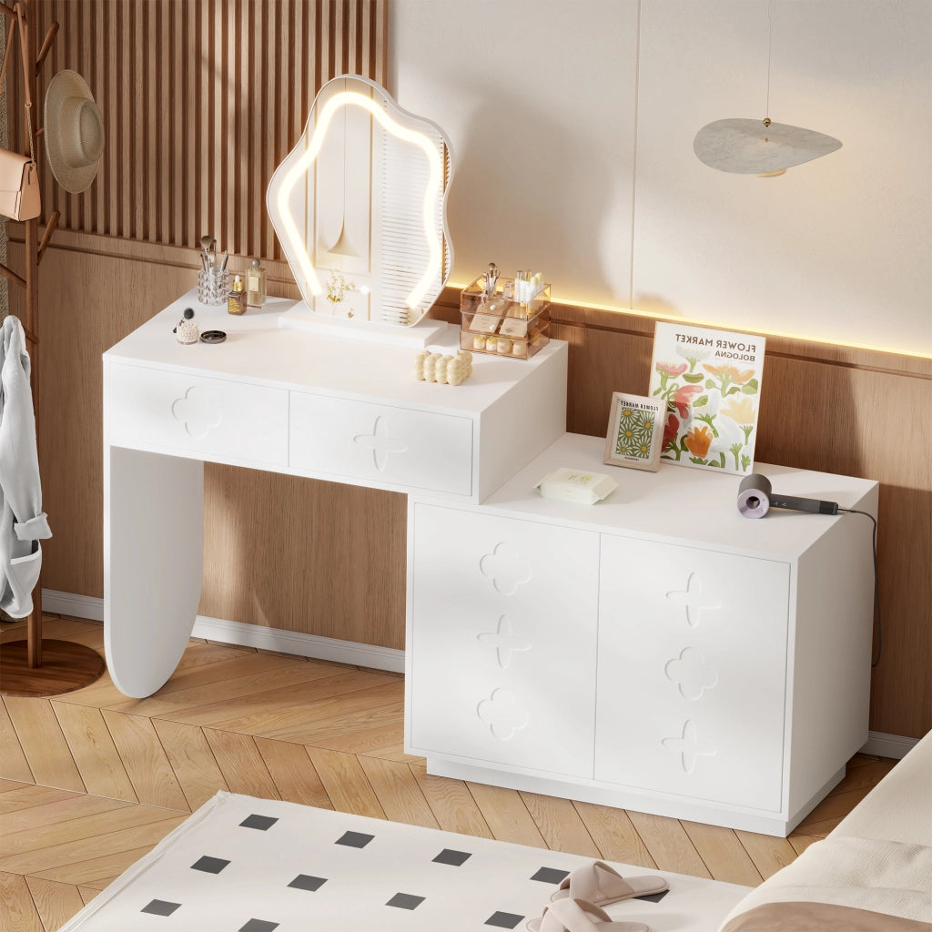 Tavolo da toeletta con specchio LED; temperatura luce regolabile 3 livelli; 2 cassetti e mobiletto con 4 scomparti; Bianco; 160×40×132cm