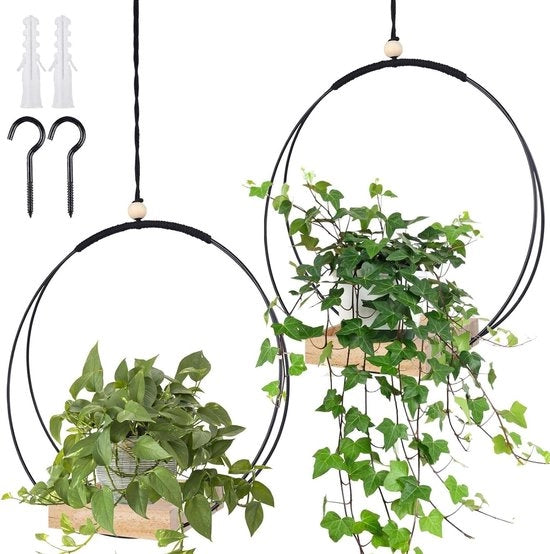 Porta piante a rete macramé - 93 cm con piedistallo in legno