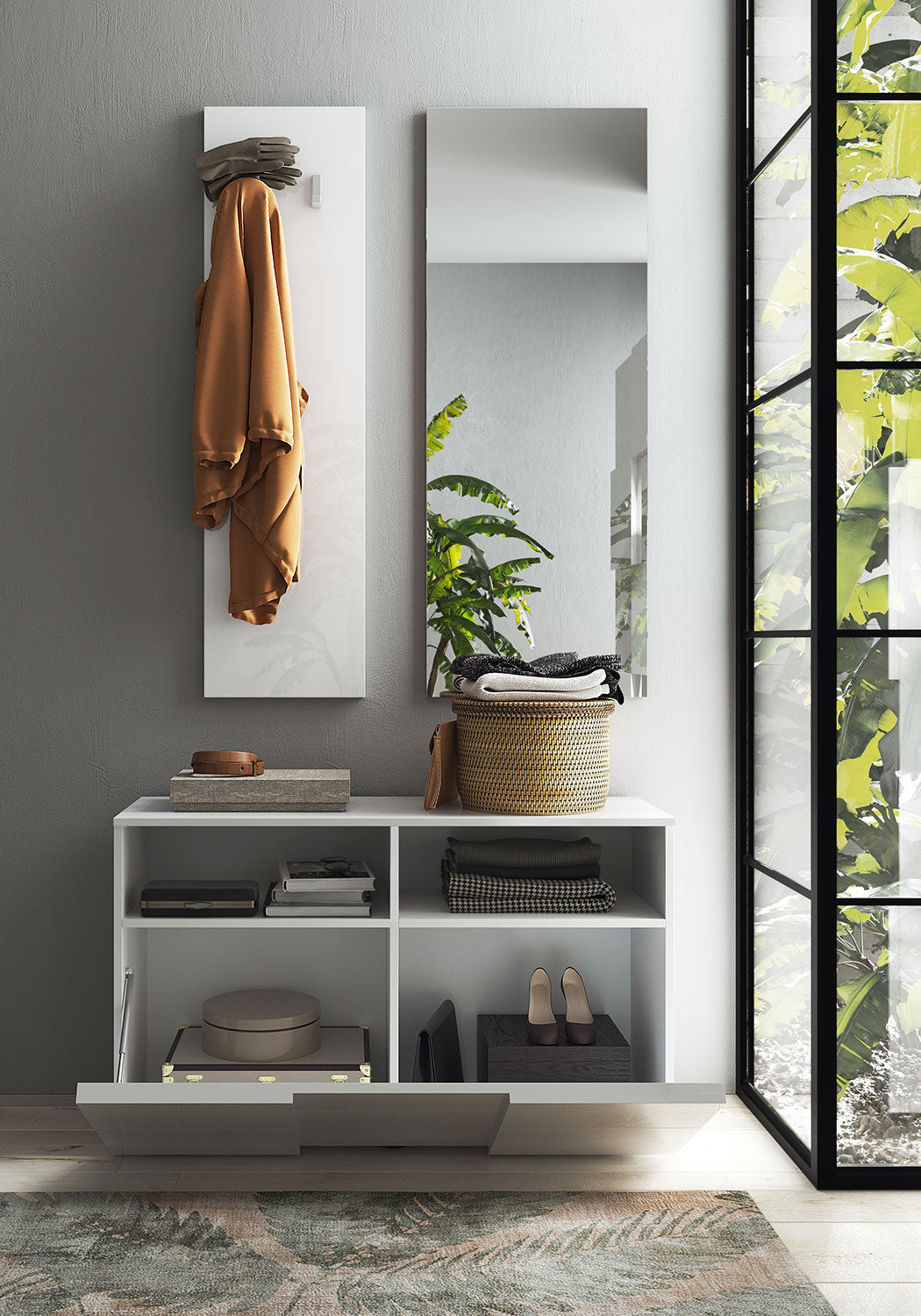 Set Ingresso Mobile 1 Anta a Ribalta Appendiabiti 91x36x165 cm e Specchio 50x110 cm Modello Dama Bianco Lucido