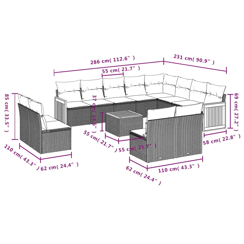 Set Divani da Giardino 13 pz con Cuscini Grigio in Polyrattan 3228161