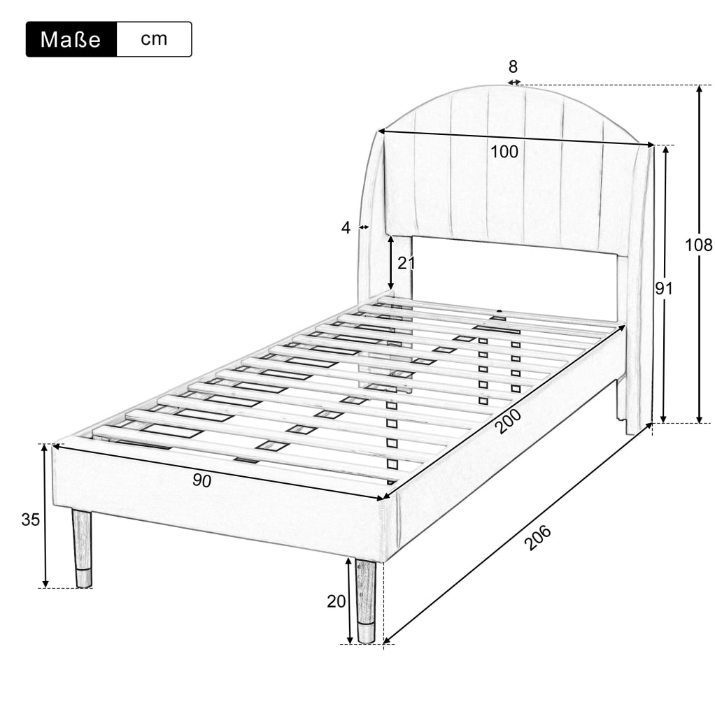 Letto imbottito singolo 90x200 cm con rete e testiera in velluto beige