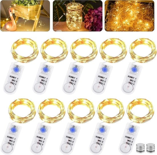 Cavo di illuminazione LED alimentato da batterie con timer - 10 pezzi 2 m 20 LED - Illuminazione per esterno e interno - festività matrimonio fai da te.