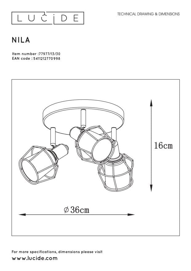 Plafoniera Lucide NILA nera 3 luci E14 Ø36cm metallo