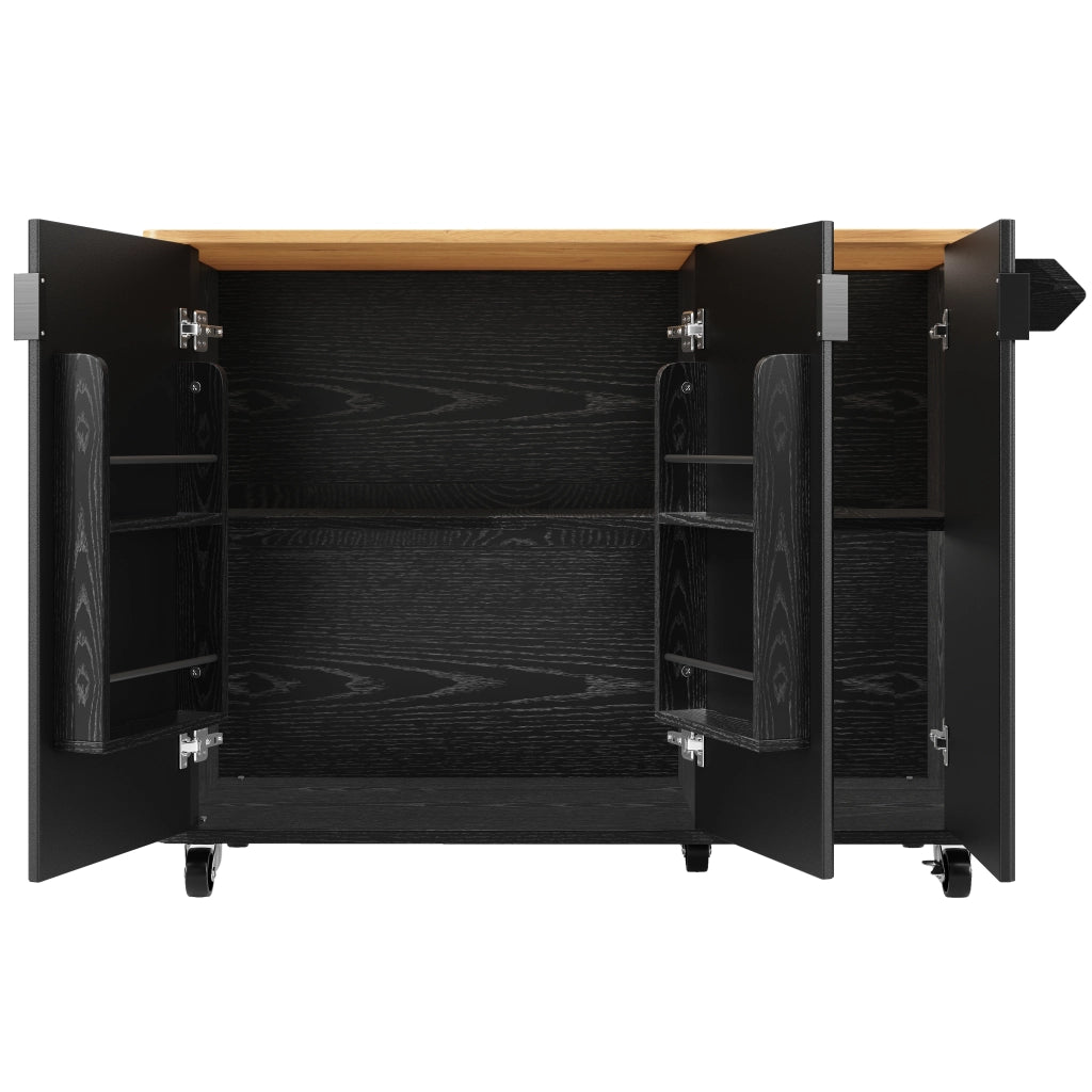 Carrello da Cucina con 3 Ante; Piano Pieghevole; Portaasciugamani e Ripiani Regolabili; in MDF; 130 x 45 (75) x 92 cm; Nero