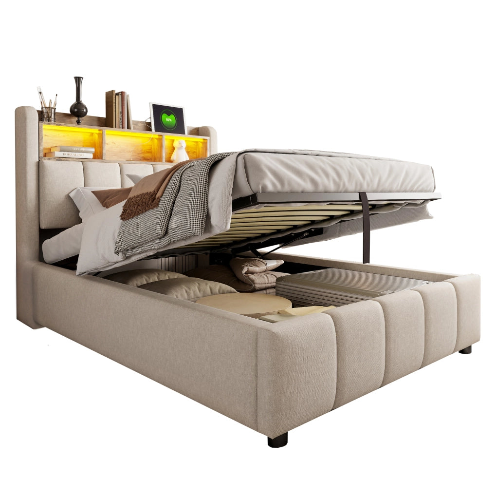 Letto imbottito 90x200 cm beige con LED, USB e vano contenitore