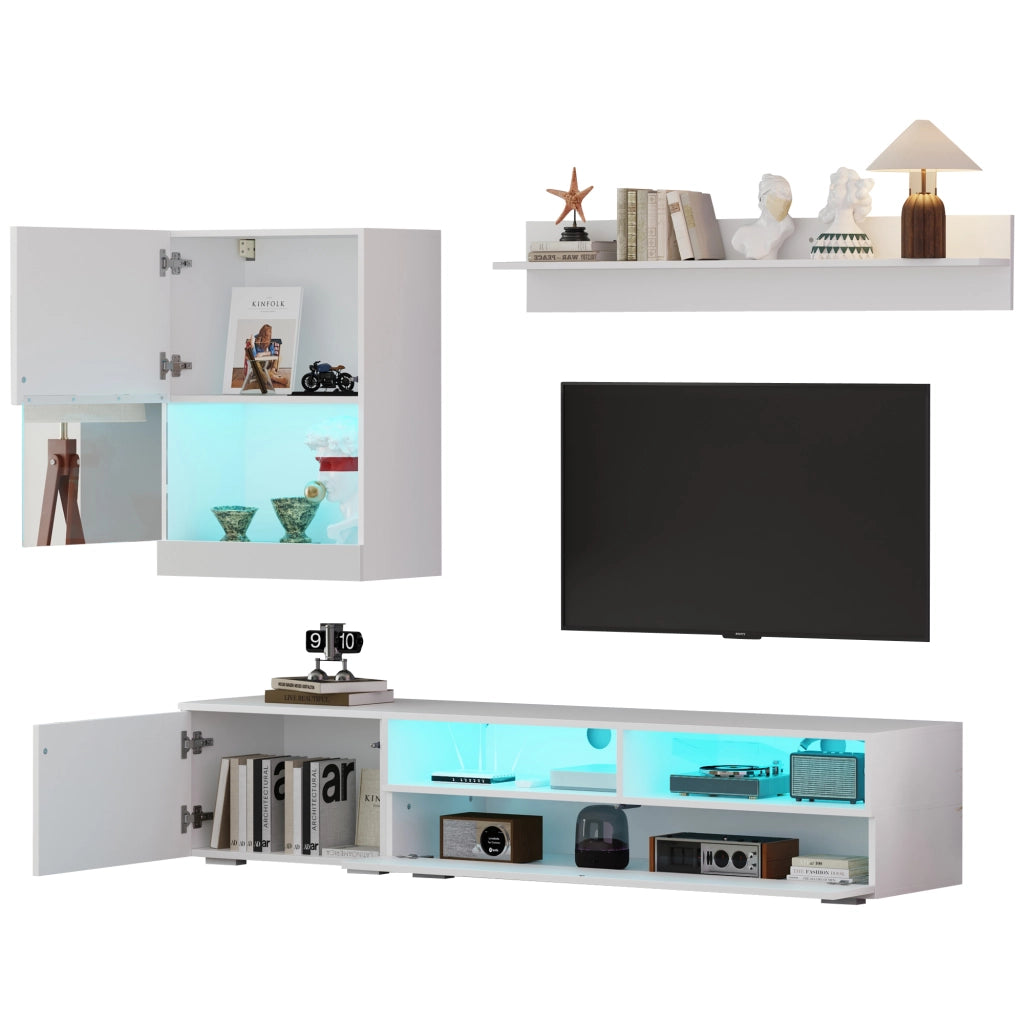 Mobile porta TV set con LED e finitura lucida con 3 ante e 2 vani aperti per soggiorno bianco 175 × 39 × 34 cm