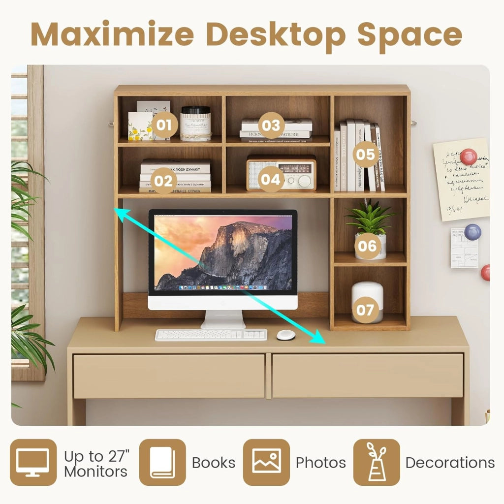 Scaffale da scrivania con 7 scomparti aperti, mobile organizzatore da tavolo con kit antiribaltamento, 94 x 25 x 79 cm, scaffale per riporre piante, cosmetici e libri (naturale)