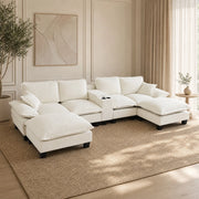 Divano modulare a U con porta USB, portabicchieri, vano contenitore e 2 pouf in ciniglia beige 362 × 151 × 90 cm
