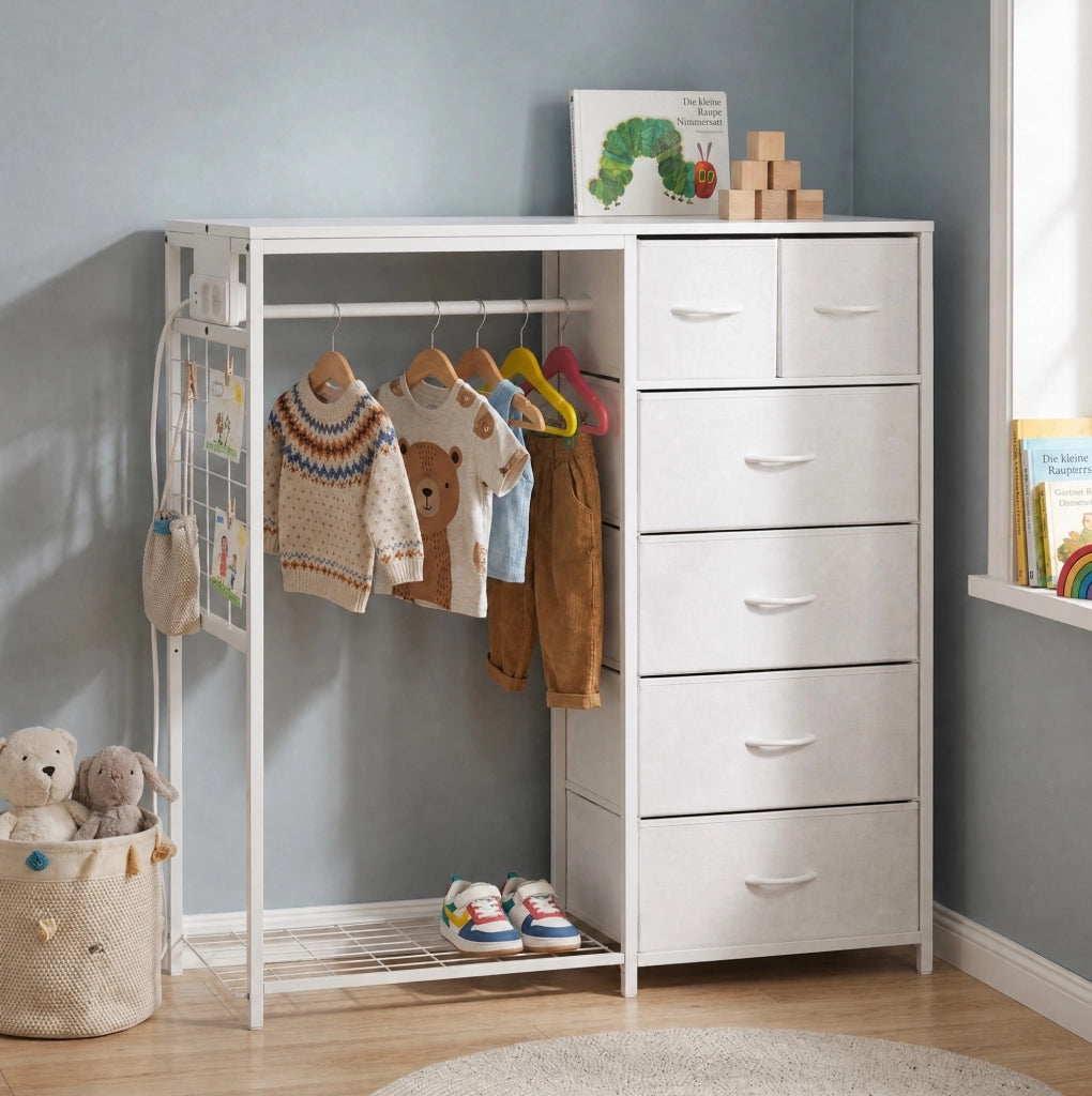 Armadio per bambini multifunzione con 6 cassetti in tessuto; asta appendiabiti; presa e ripiano; bianco