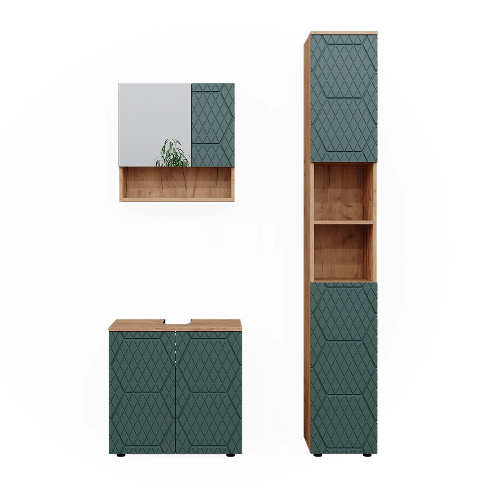 Vicco Set mobili bagno Quercia verde/oro 3 parti, con colonna