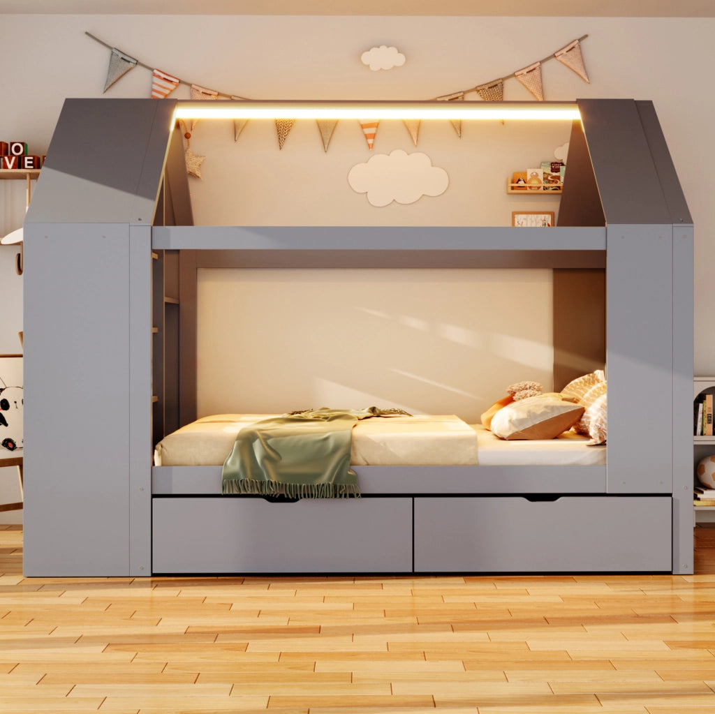 Letto per bambini 90x200 cm con cassetti, LED e vani contenitivi grigio