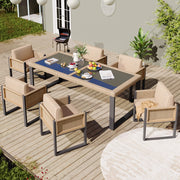 OKWISH Set da 7 Tavolo e 6 Sedie da Giardino per 6 Persone, Cuscini con Rivestimento Sfoderabile, Rattan e Tessuto Nero Marrone