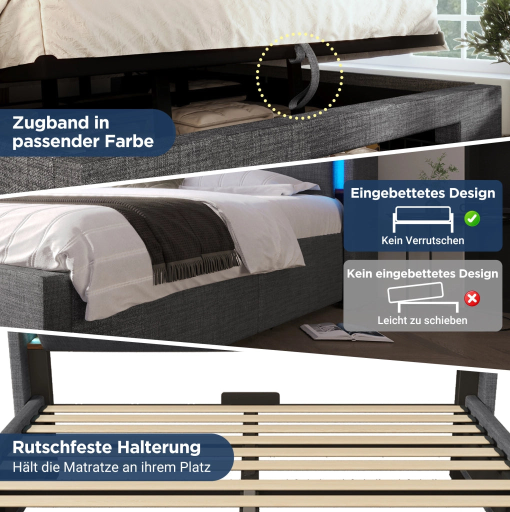 Letto imbottito 160 x 200 cm con materasso, vano idraulico, LED e ricarica USB