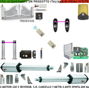 Kit Automazione Cancello da 7 Metri 2 Ante da 3,5 MT Motori Elettromeccanici 230 V Reversibili Spinta 250 Kg Centrale 2 Coppie Fotocellule Paline 2 Radiocomandi Faro Elettroserratura Paletto Selettore