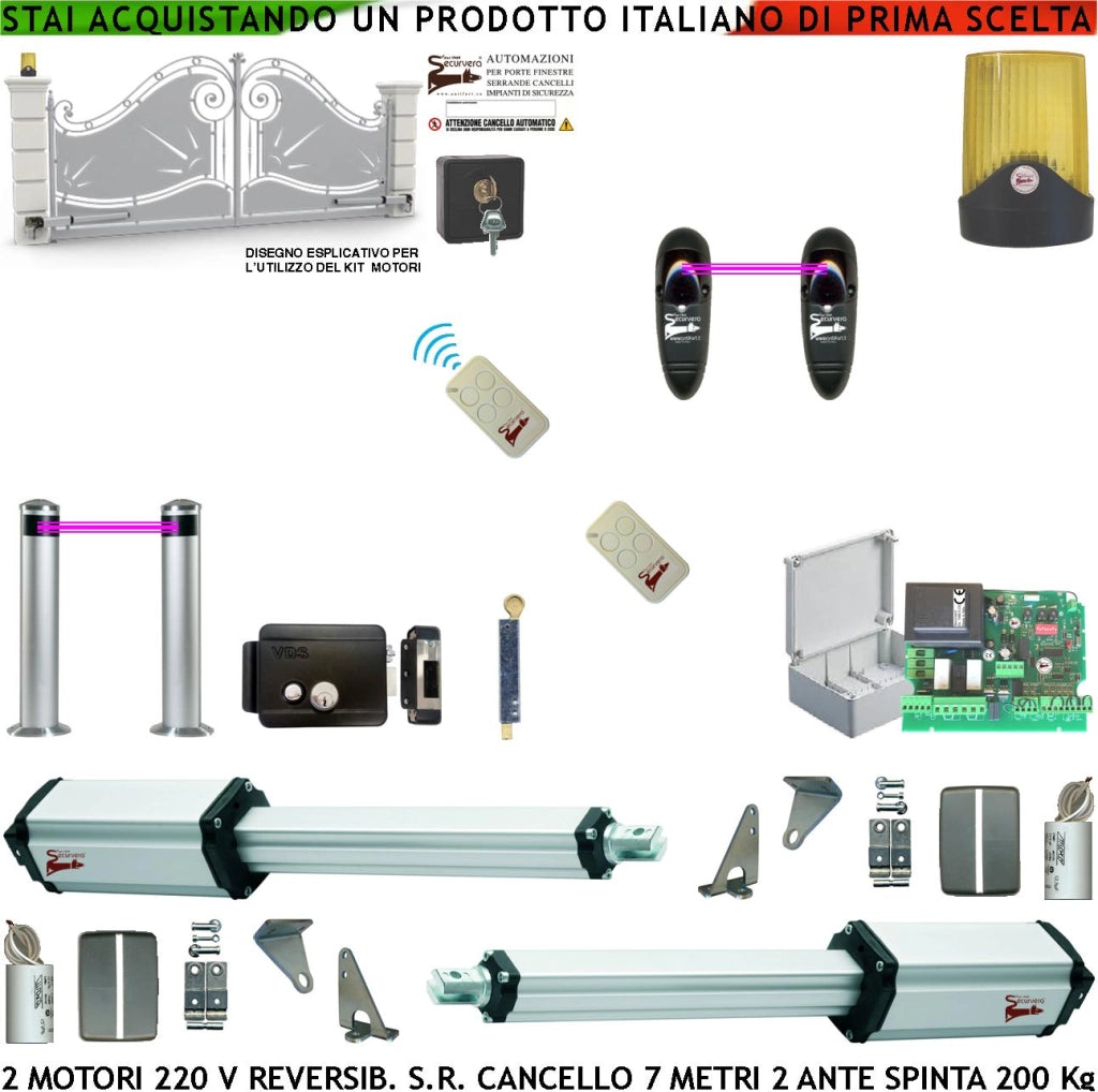 Kit Automazione Cancello da 7 Metri 2 Ante da 3,5 MT Motori Elettromeccanici 230 V Reversibili Spinta 250 Kg Centrale 2 Coppie Fotocellule Paline 2 Radiocomandi Faro Elettroserratura Paletto Selettore