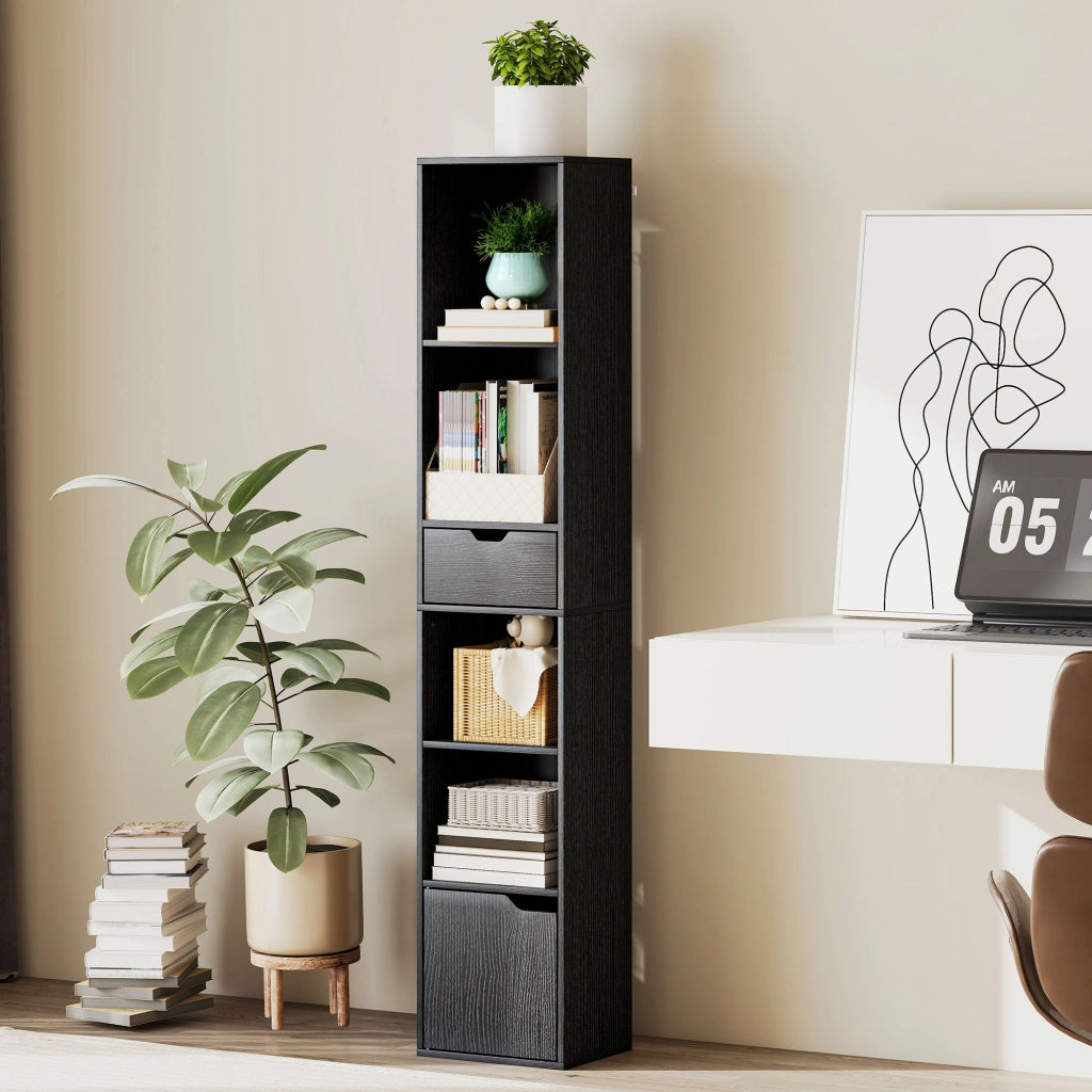 Libreria 30x24x158 cm a 4 Ripiani Aperti con Armadietto e Cassetto Nero