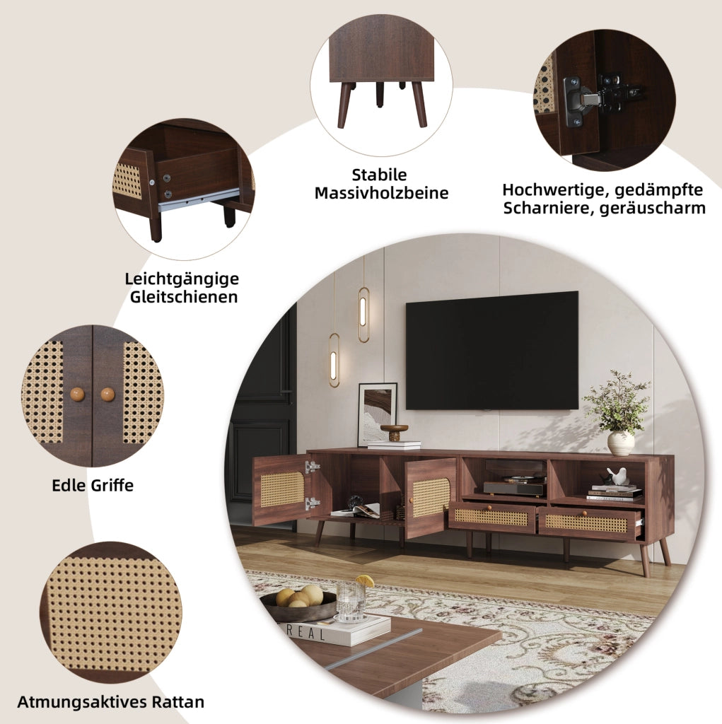 Mobile TV marrone con rattan, 2 ante e 2 cassetti, 200 cm