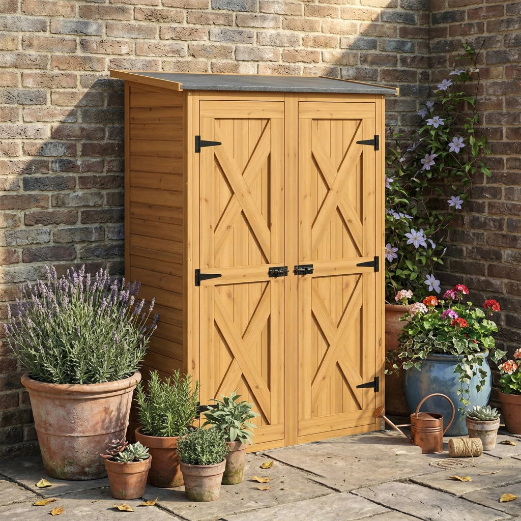 Capanno Armadio Porta Attrezzi da Giardino 115x53x156 cm con Ripiani Interni in Legno di Abete Marrone