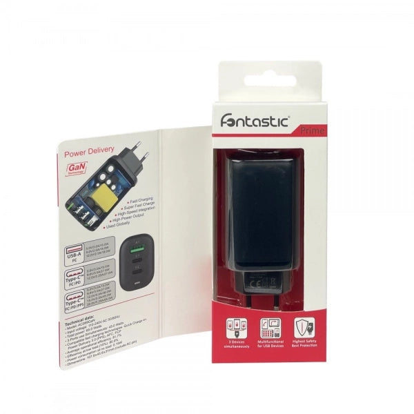 Caricabatterie GaN USB-A e 2 porte USB-C Power Delivery 65W Ricarica Rapida Nero