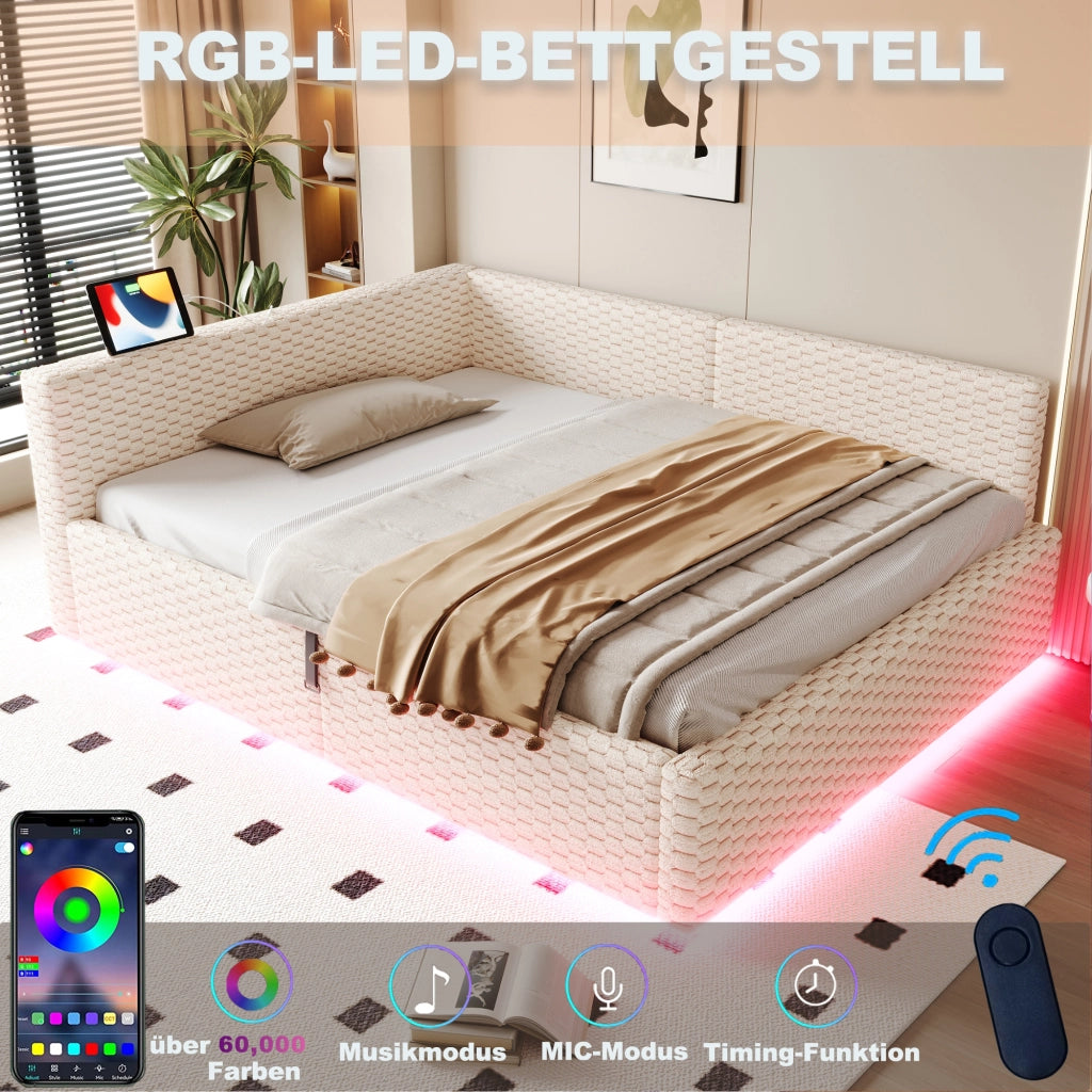 Letto divano 140 × 200 cm con contenitore idraulico, LED, 2 USB e Type-C, senza materasso, in velluto beige