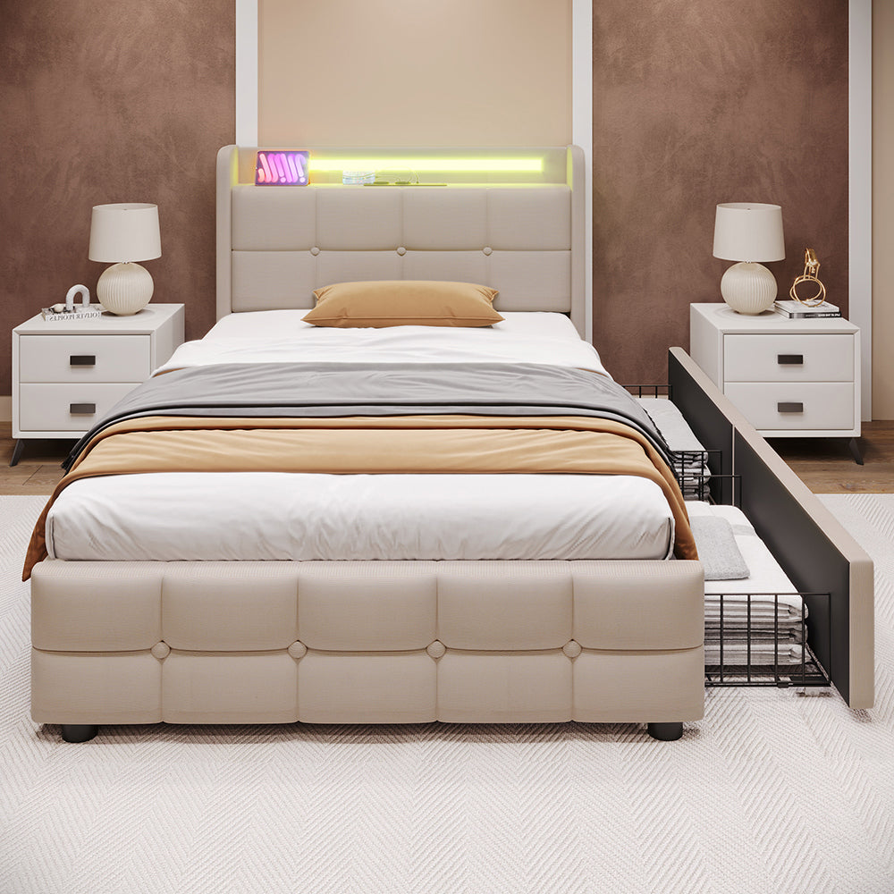 Letto imbottito 90x200cm - Xylo - Beige - 2 cassetti, USB, testiera LED
