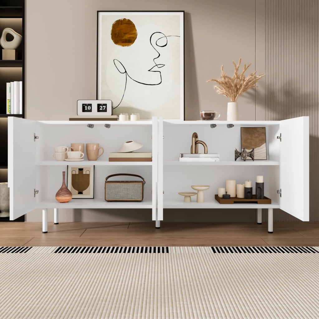 Credenza con 4 Ante e Piedini in Metallo; Design Geometrico Moderno con Curve Irregolari; in MDF e Pannello Truciolare; Bianca
