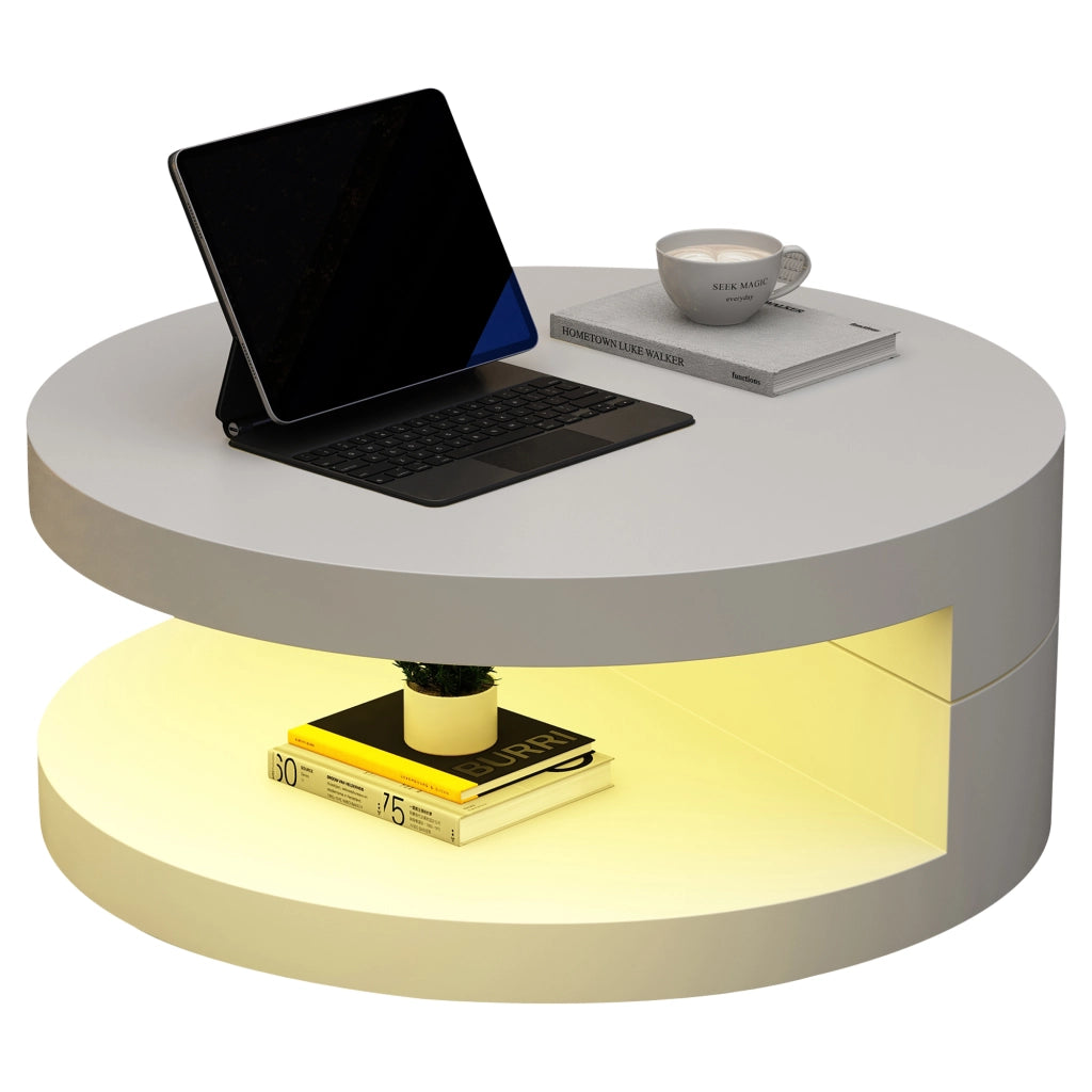 Tavolino da caffè con piano girevole e LED; in MDF; 70 x 70 x 35.5 cm - bianco
