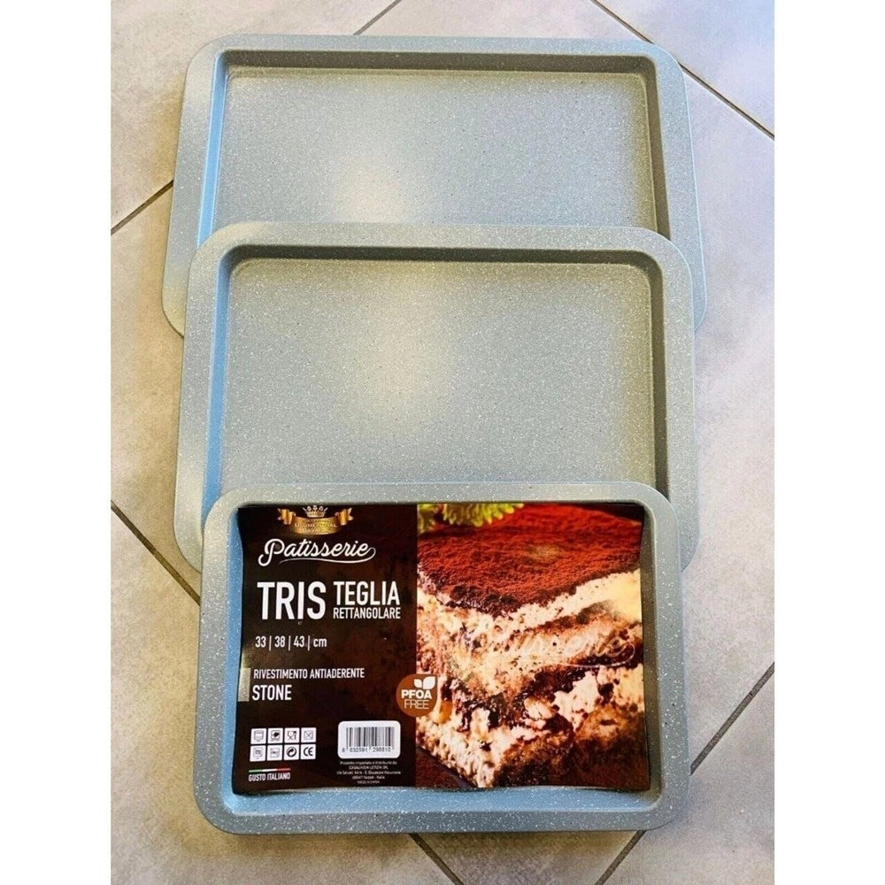 Trade Shop - Tris 3 Teglie Rettangolari Antiaderenti Rivestimento Stone 33/38/43 Cm Da Forno -