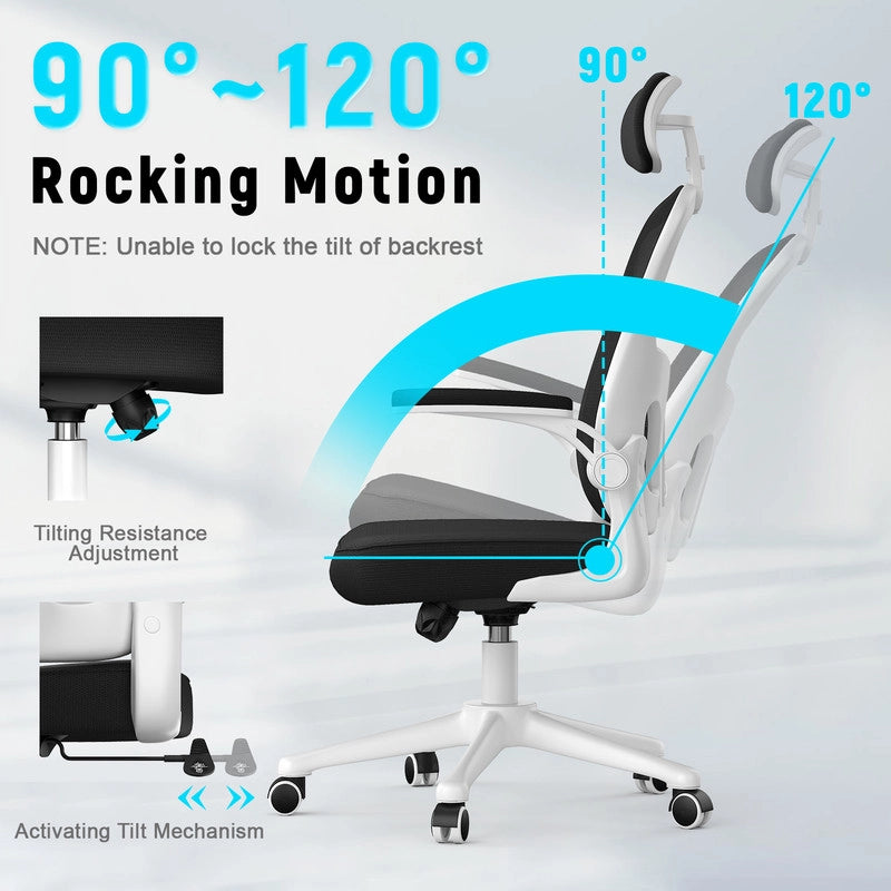 Sedia da ufficio - Poltrona ergonomica HAMLODY con braccioli 2D, altezza poggiatesta supporto lombare schienale regolabile bianco