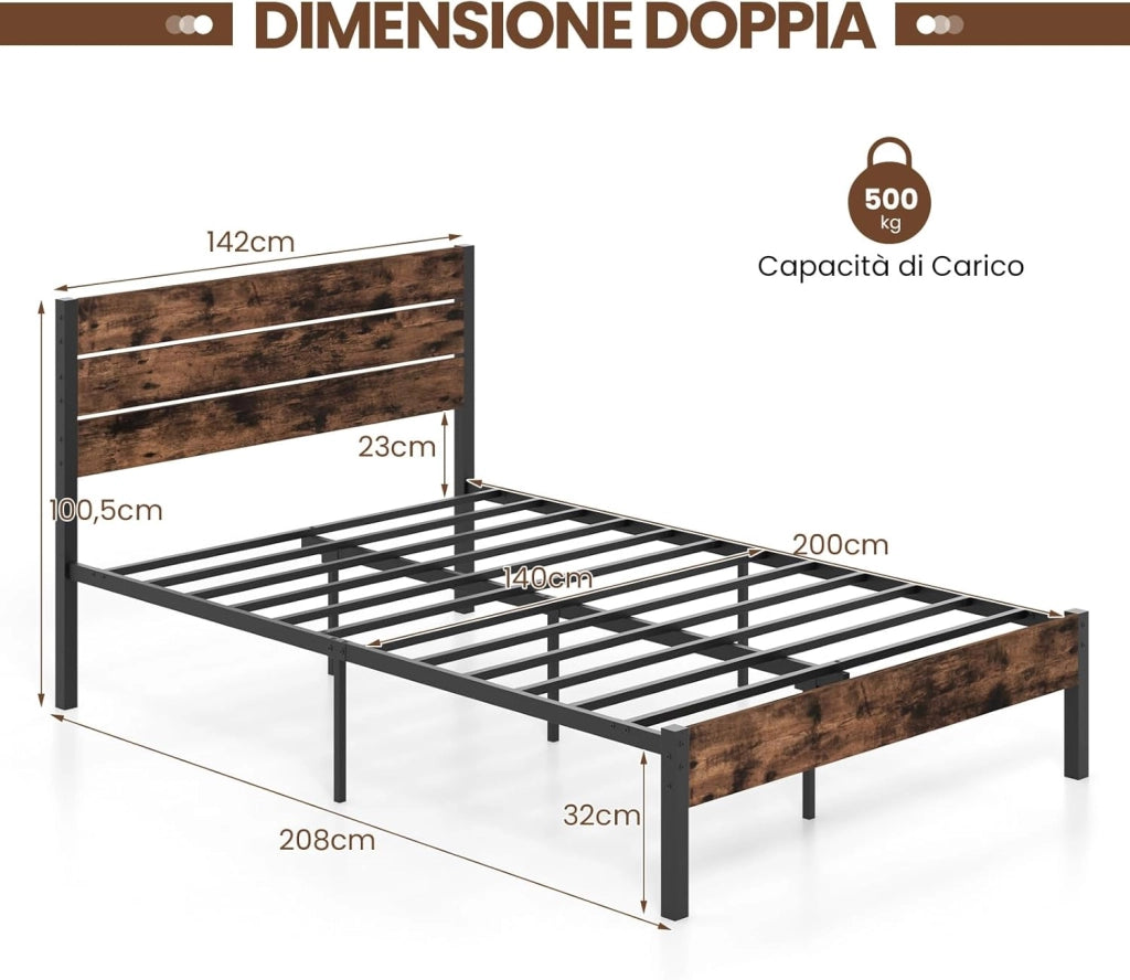 Struttura Letto Matrimoniale 200X140 cm, Letto a Piattaforma in Metallo con Testiera Alta, Doghe in Metallo e Barra Silenziosa, Carico Massimo 500 kg