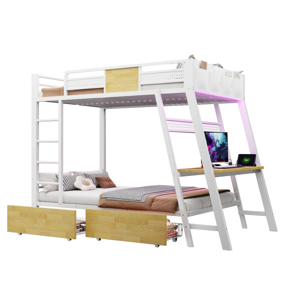 Letto a castello in metallo 90x200 cm con scrivania integrata, luci LED, contenimento e struttura salvaspazio, bianco