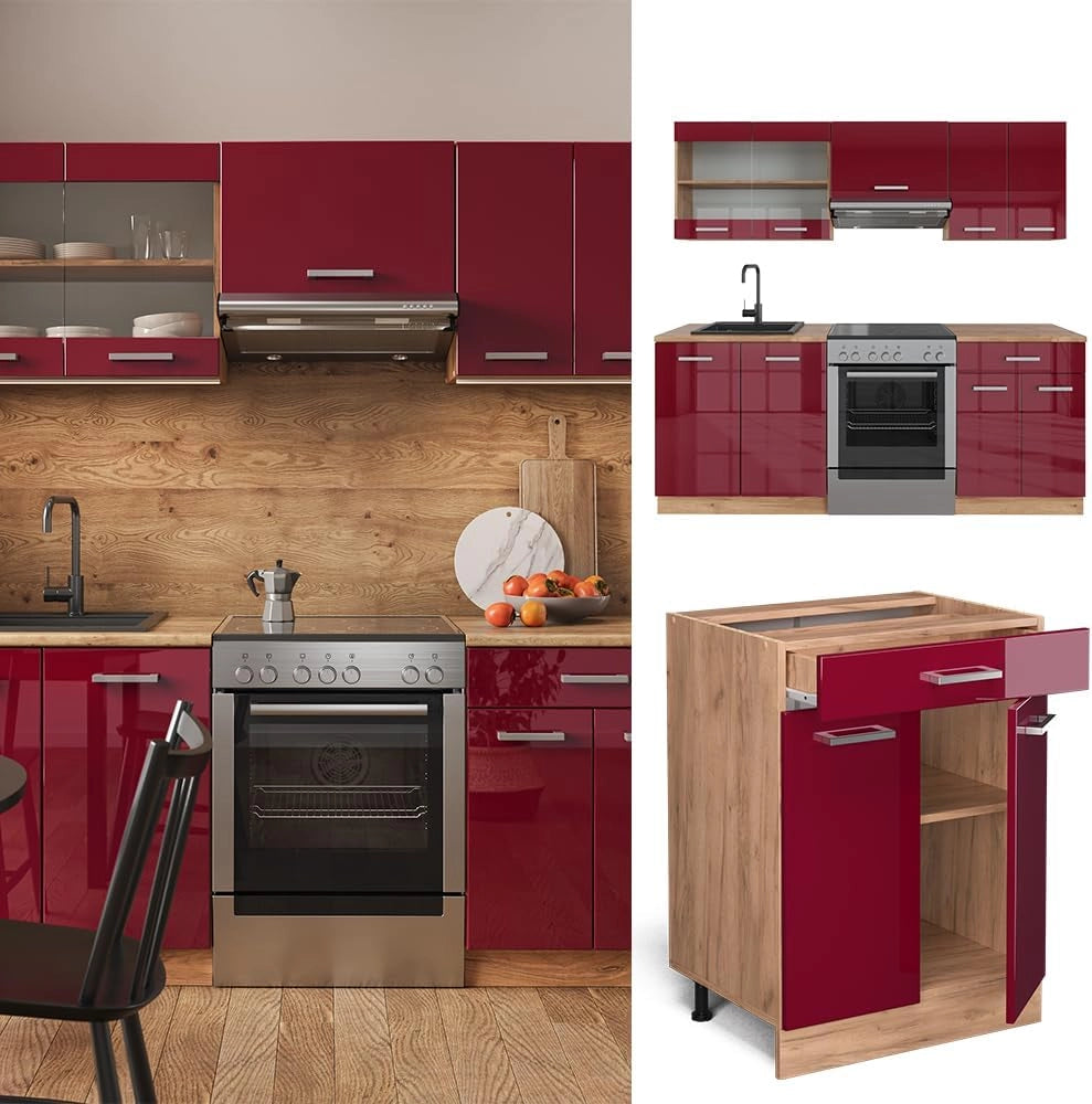 Cucina componibile R-Line, Rosso lucido/rovere dorato, 200 cm, PL Antracite, adatto per l'espansione personalizzata tramite moduli aggiuntivi