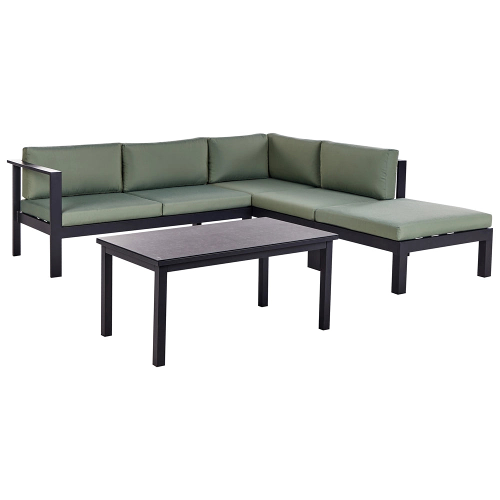 Set da giardino divano 5 posti e tavolo elevabile con struttura bianca e piano in vetro e cuscini nero e verde stile moderno scandinavo