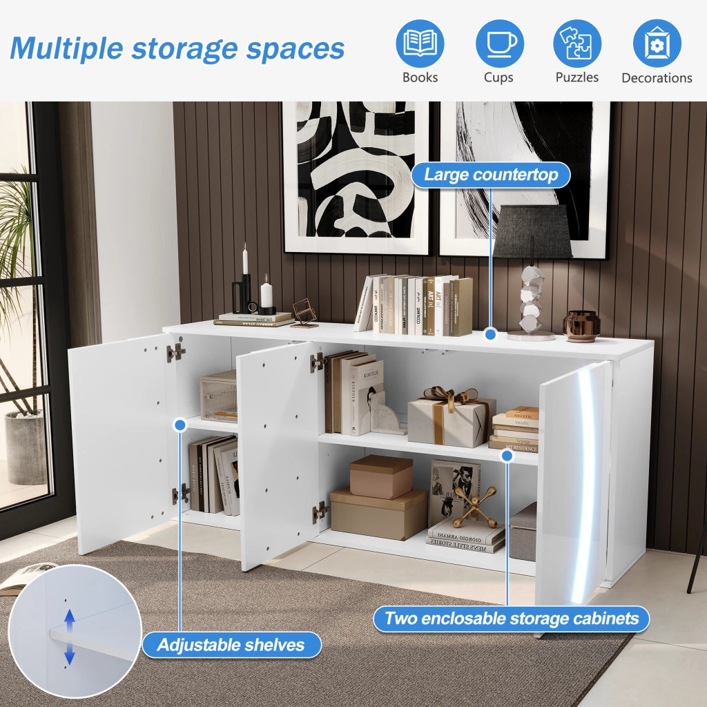 Credenza Soggiorno con LED ¨C Xylo ¨C Bianco Lucido, Truciolato, 150x40x70 cm