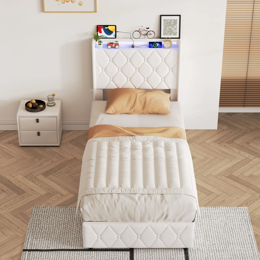 Letto singolo 90x200 cm con contenitore LED USB testiera imbottita mensole rete a doghe metallo legno velluto - beige