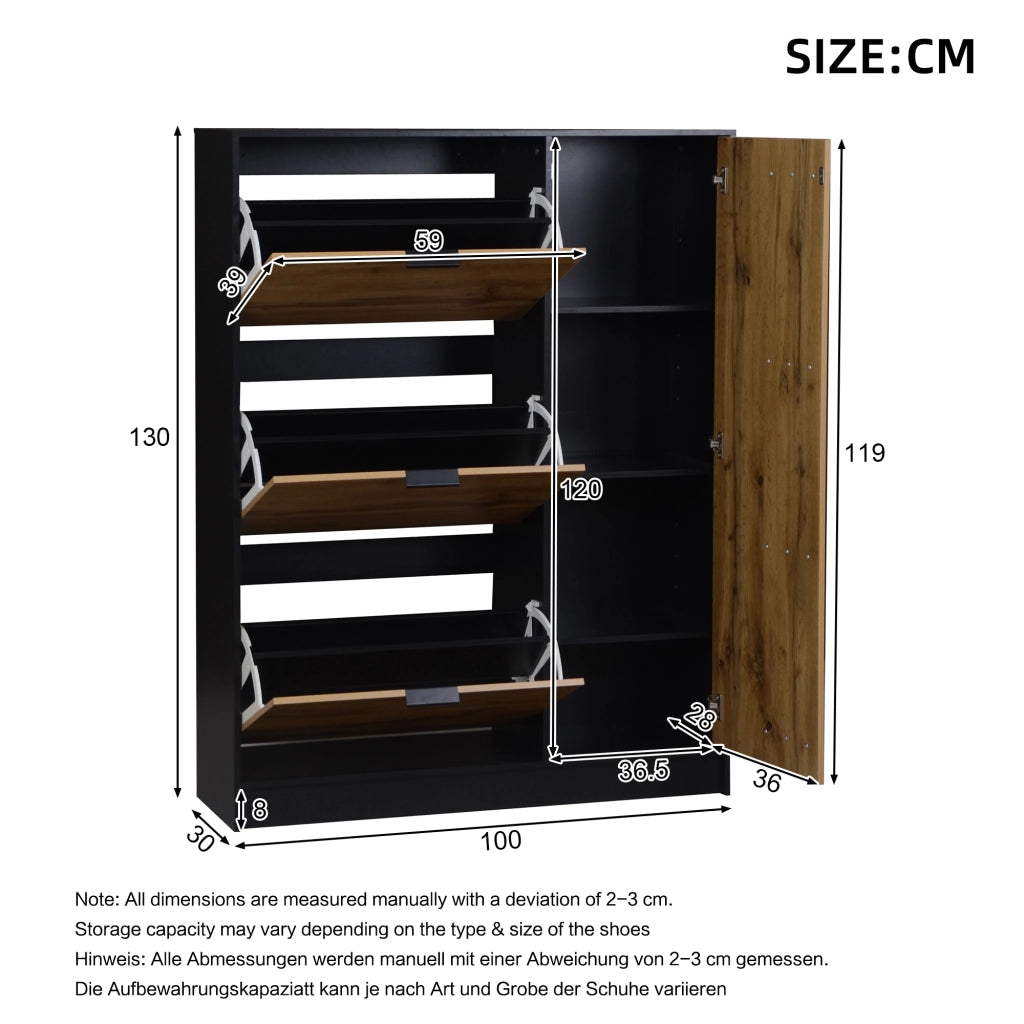 Scarpiera con 3 ante a ribalta e 1 vano con sportello, per ingresso, in MDF, naturale e nero, 100 × 30 × 130 cm