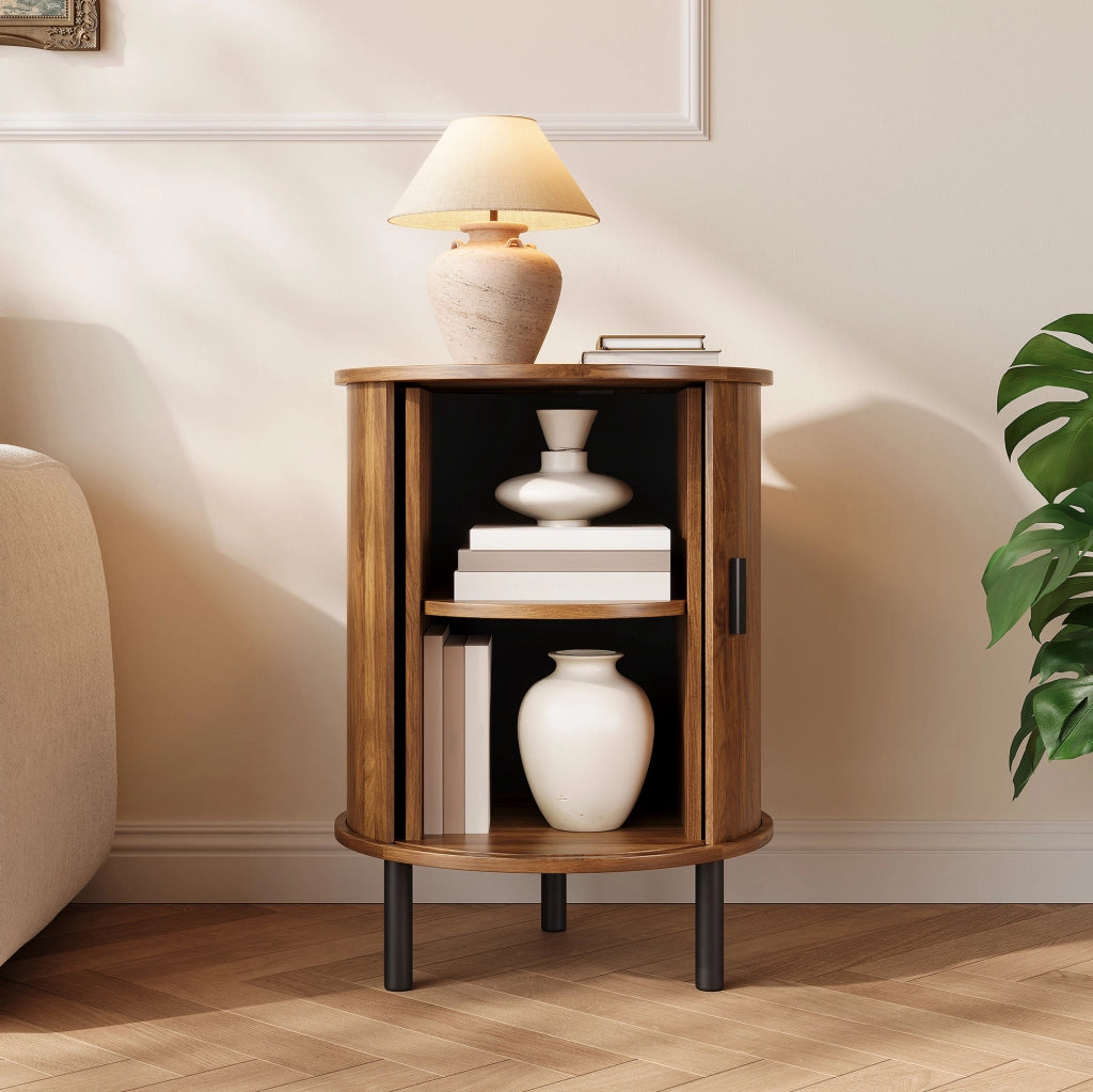Mobile contenitore rotondo con anta scorrevole, finitura noce, 48x48x65 cm