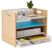 Organizzatore per scrivania a 4 strati con maniglia, cassetto per lettere in bambù, organizzatore per carta con cassetto, organizzatore per scrivania bianco e accessori per scuola, casa, ufficio