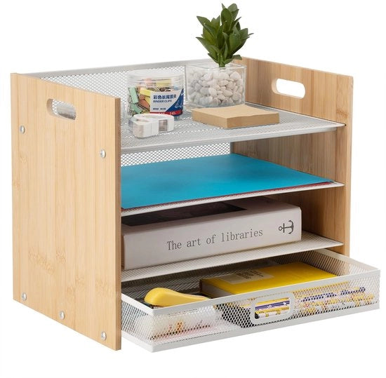 Organizzatore per scrivania a 4 strati con maniglia, cassetto per lettere in bambù, organizzatore per carta con cassetto, organizzatore per scrivania bianco e accessori per scuola, casa, ufficio