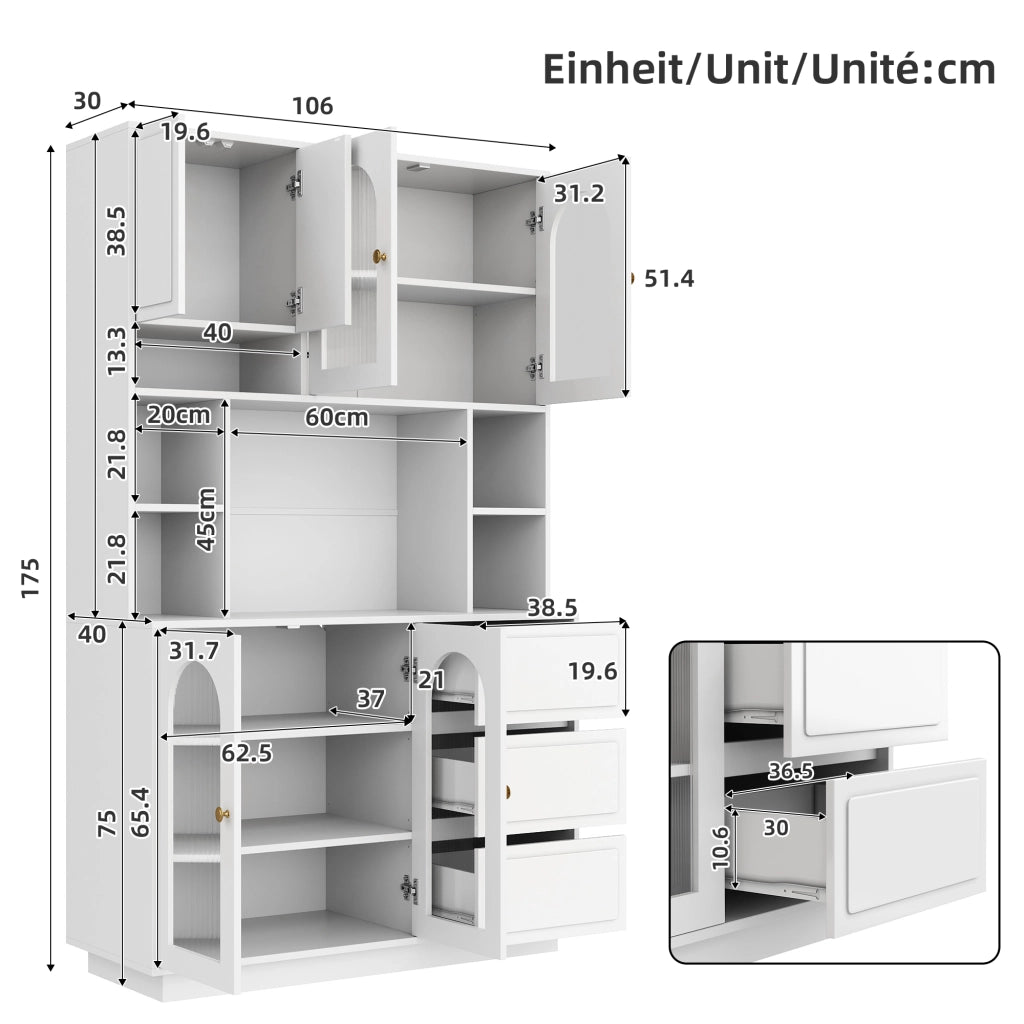 Credenza alta con ante ad arco in acrilico 3 cassetti e LED con controllo app per cucina e soggiorno 106 × 30 × 175 cm
