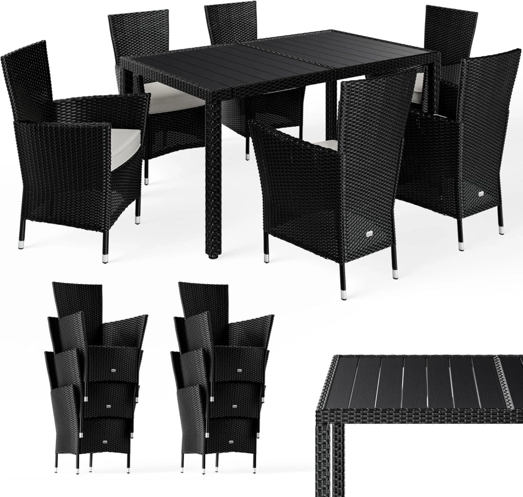 ® Set Mobili da Pranzo da Giardino in Polyrattan 6 Sedie Impilabili Tavolo 150x90cm in WPC Legno Resistente da Terrazza Esterno Nero