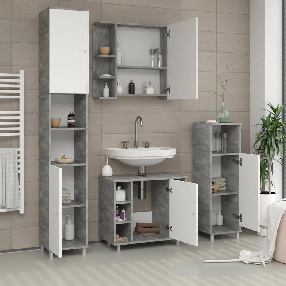 Mobile Midi Fynn, Calcestruzzo, 30 x 95 cm, per la conservazione di accessori da bagno e compatibile con Fynn